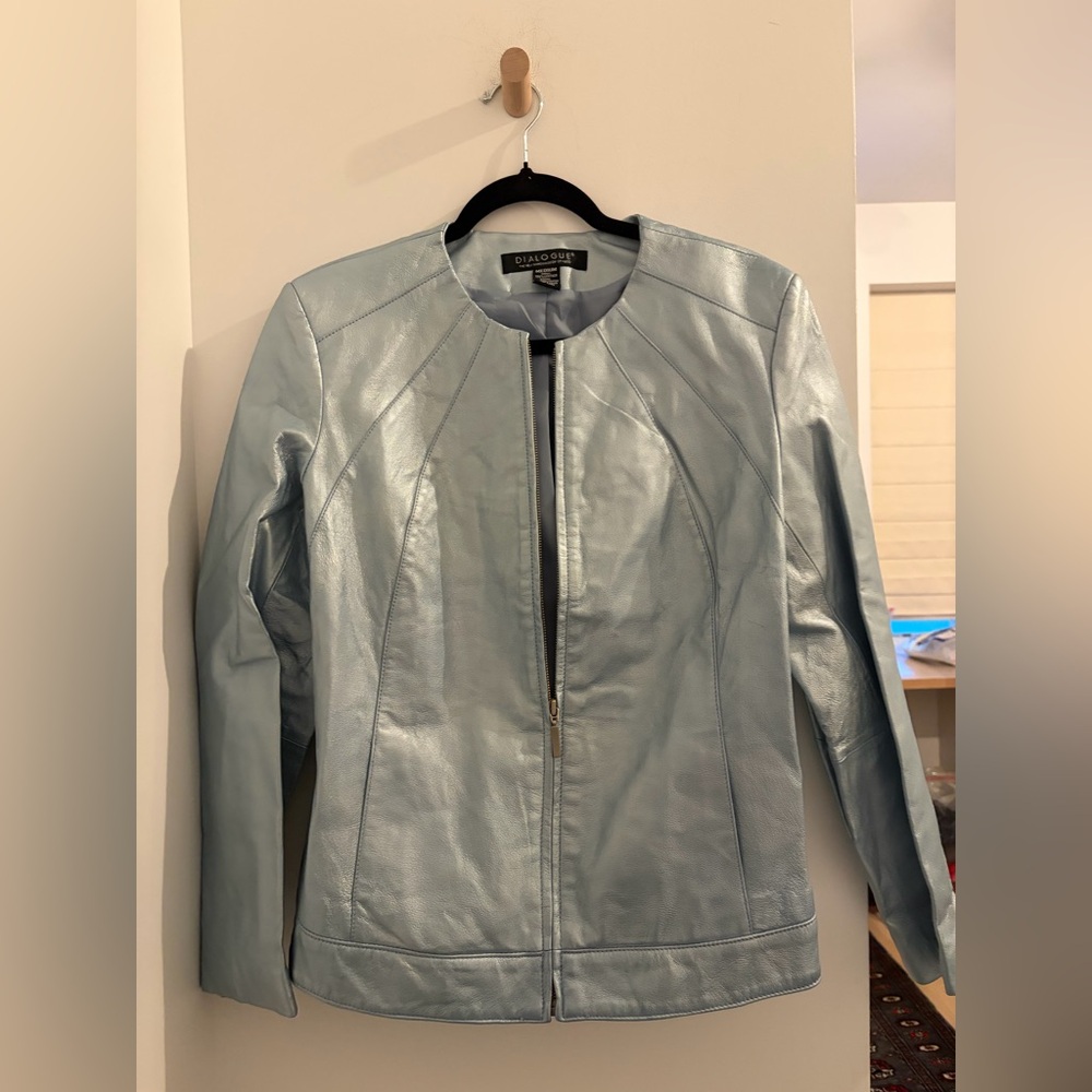 Dialogue Women's Sky Blue Metallic Leather Jacket